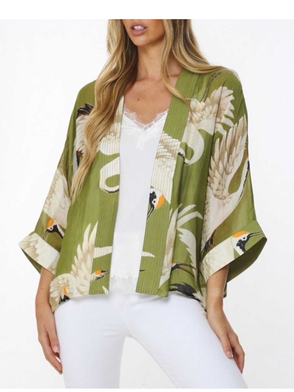 One Hundred Stars Kimono Jacket Women One Size Green Stork Crane Bird Print